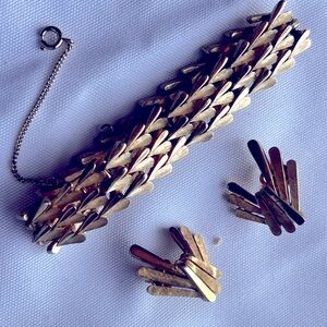 1950s Crown Trifari set gold bracelet with safety & clip on earrings rare